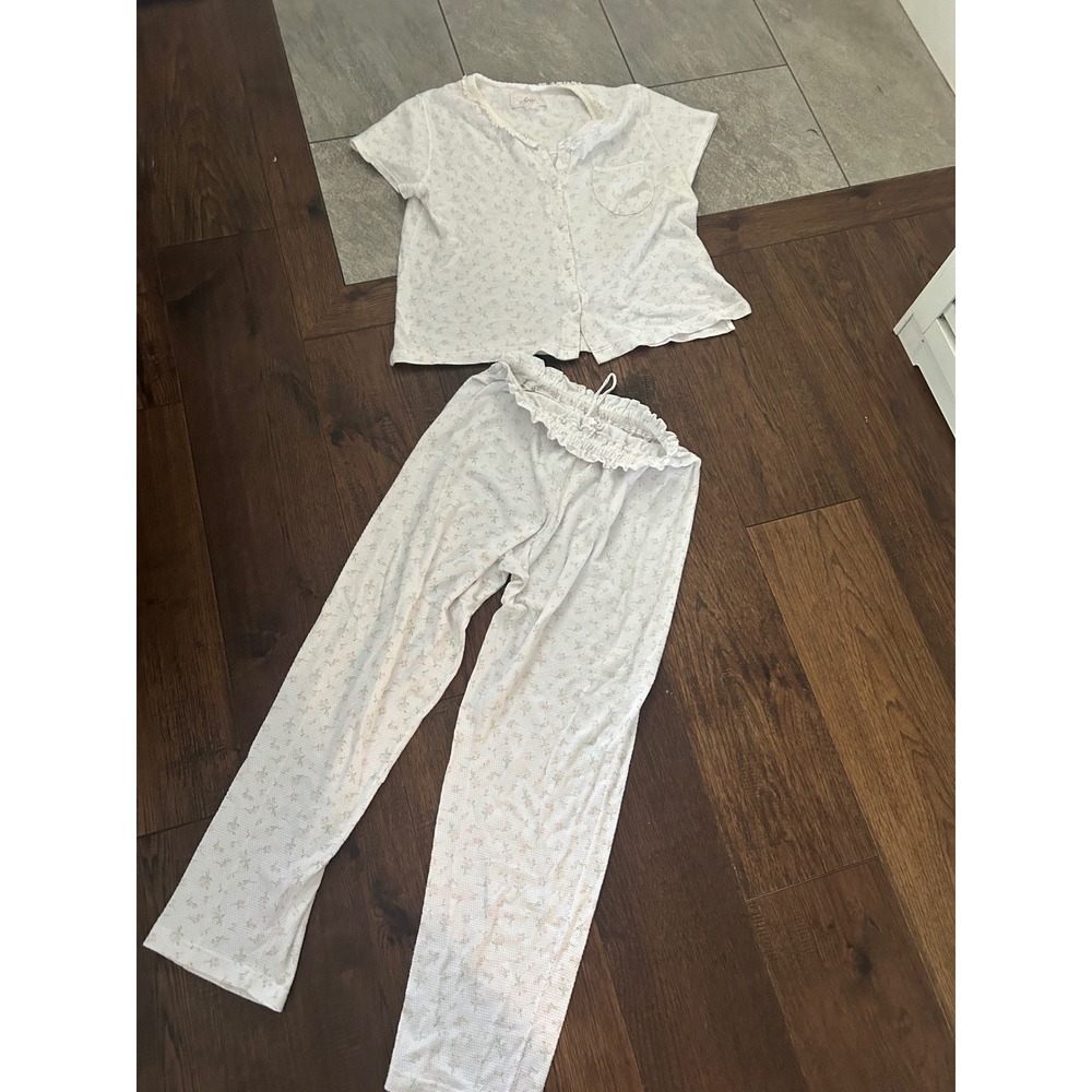 Vtg Aria Womens Floral Waffle Knit Pajama Set White Pink Button Front Medium